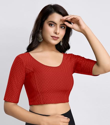 Image of TRENDMALLS Women's Dobby Pure Cotton Elastin Stretchable Readymade Round Neck Elbow Length Sleeves Blouse Choli Stylish Saree Blouse Ready to Wear