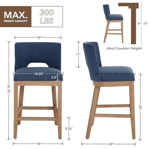 Butacos de barra chairus, set de 6 unidades, sin brazos, acolchados, respaldo de madera y patas de madera, tapizados en tela lino, color azul, para isla de cocina o barra alta miniatura 3