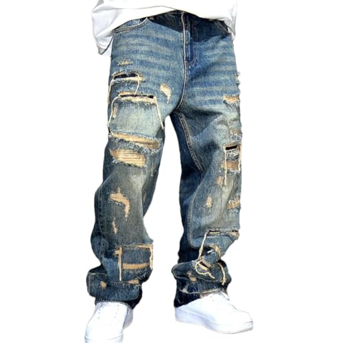 Mens Ripped Baggy Jeans Distressed Denim Streetwear Skateboard Pants