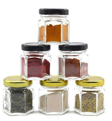 Image of Cute Hexagonal 50 grams Airtight Glass Jar Containers for Honey, Spices & other Kitchen Items with Rust Proof Gold & Black Color Caps -Set of 06