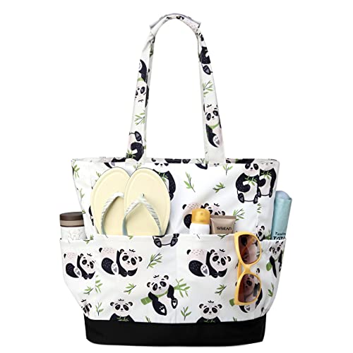 Sac de Plage, VASCHY Résistant à l'eau Grand Cabas Femme Pliable Léger Sac à Bandoulière d'Été avec Fermeture à Glissière et Multi-Poches pour Vacances, Voyage,Plage,Piscine,Shopping, 17.3L(Panda) Cover