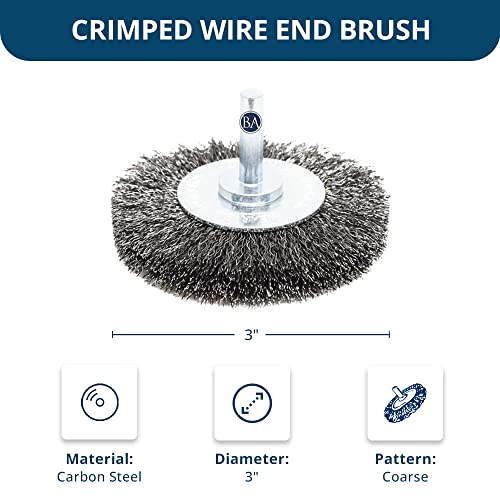 Image of Benchmark Abrasives 3 Inch Grinder Mounted Crimped Wire Wheel for Drill with 1 /4 inch Shank, Steel Brush for Rust Removal, Cleaning, Deburring on Cast Iron Holes Derusting Rotary Tools - Carbon Steel