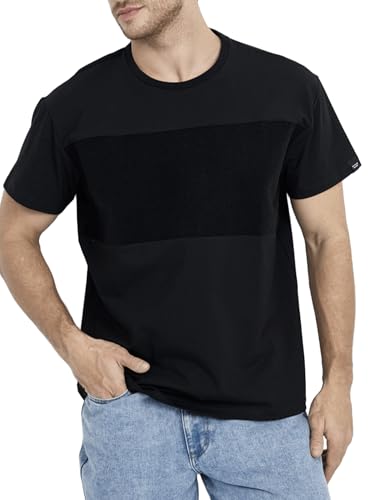 Men’s Customizable Black T-Shirt with Patches Area, Regular Fit, Boat Neck, Soft Cotton-Lycra Blend for Personalization