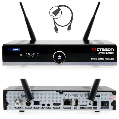 Octagon SF8008 UHD 4K Supreme Combo + 500GB Festplatte INTERN, Sat- Kabel- & DVB-T2 Receiver, E2 Linux & Define OS, mit Aufnahmefunktion, M.2 M Key, Gigabit LAN, Kartenleser, Sat to IP, WiFi