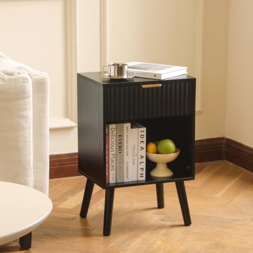 Image of Fultyle Black Fluted Nightstand, Modern Bedside Table with Drawer and Open Storage, End Side Table Living Room with Solid Wood Legs for Bedroom (Black)