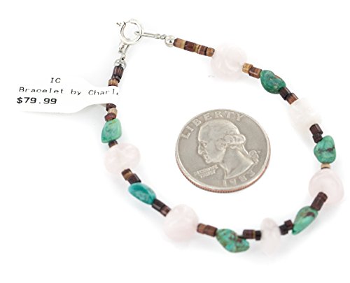 Image of $80Tag Silver Navajo Certified Natural Turquoise Pink Quartz Native Bracelet 13077 Made By Loma Siiva