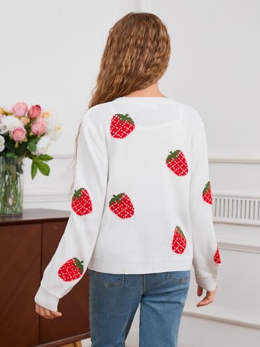MakeMeChic Girl's Strawberry Print V Neck Button Down Cardigan Sweater Long Sleeve Cute Tops2