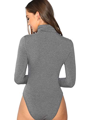 Verdusa Women's High Neck Long Sleeve Skinny Basic Bodysuit Leotard Grey L
