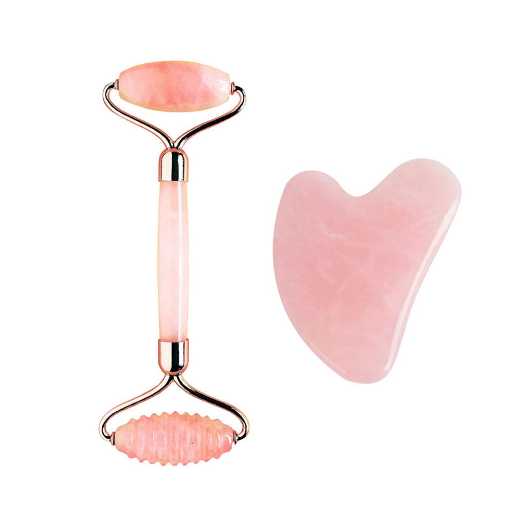 Juego de rodillos de cuarzo rosa con Gua Sha para rostro, natural, auténtico, masajeador de cristal facial, ojos, tonos, firmas, 2 unidades