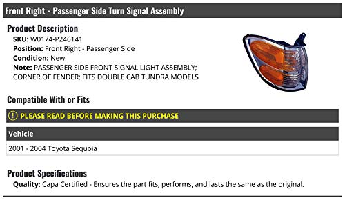 Front Right Passenger Side Turn Signal Assembly - Compatible with 2001-2004 Toyota Sequoia