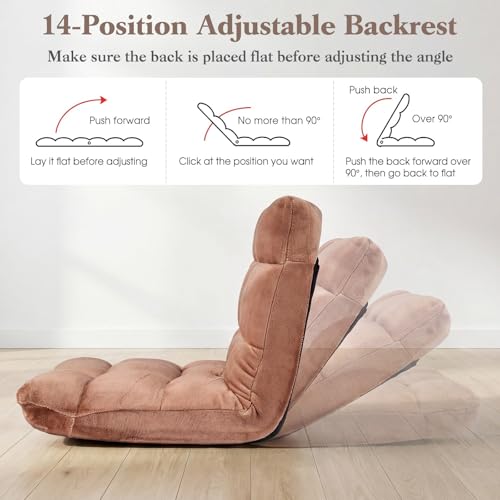 Image of Giantex Folding Floor Chair with Back Support, 14 Adjustable Position, Padded Sleeper Bed, Couch Recliner, Gaming Video Chairs for Adults, Meditation, Living Room (Brown)