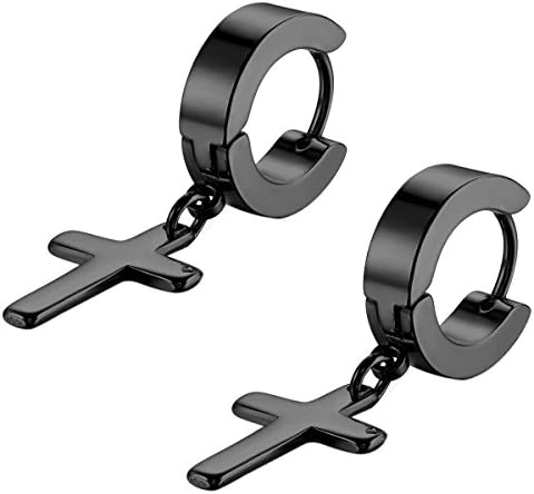 Flongo Men's Womens Vintage Stainless Steel Cross Dangle Hinged Hoop Earrings, Classique Drop Earrings for Christmas Valentine's