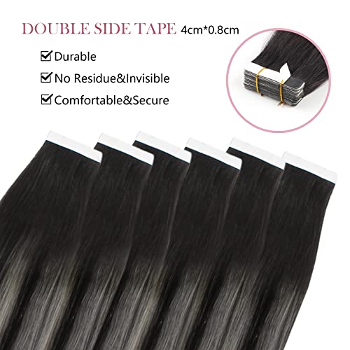 Image of Sixstarhair Black Balayage Tape in Hair Extensions Human Hair Ombre Off Black to Silver with Natural Black Tape in Human Hair Extensions Seamless Skin Weft 20pcs /50g [Color 1BT1B-silver# 20inch]
