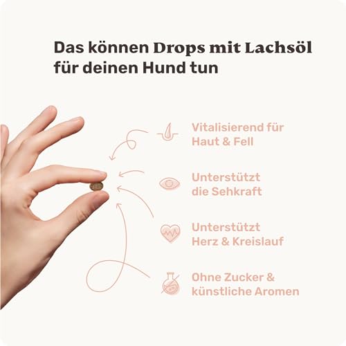 Lachsöl Drops für Hunde - 60 Leckerli (110g) von mammaly - Mit Lachs, Vitamin D & Omega 3 für Haut und Fell/Skin & Coat, Fellpflege & Hautpflege - Kann bei Haarausfall unterstützen für deinen Hund