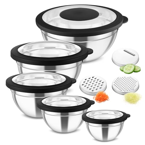 Homikit Rührschüssel 5er Set, Edelstahl Schüssel Salatschüssel mit Transparenter Luftdichtem Deckel & 3 Reibeaufsätzen für die Küche, 4,6L/2,8L/1,6L/1,2L/0,7L, Stapelbar, Spülmaschinenfest, Schwarz