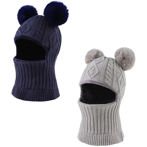 Winter Baby Knitted Hat Scarf Kids Boys Girls Hood Hats Toddler Earflap Beanie with Pompom (US, Age, 3 Years, 10 Years, Navy+Gray) Cover