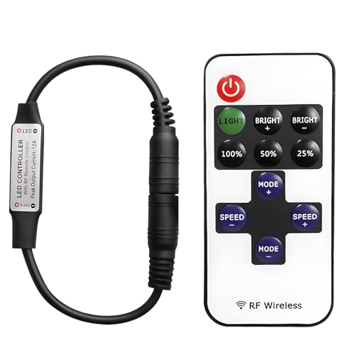 RF Wireless Remote Control With 11-Key Controller for Single Color 3528 5050 LED Strip Lights, DC Connector, 12V DC LED Ribbon and Shelf Lights