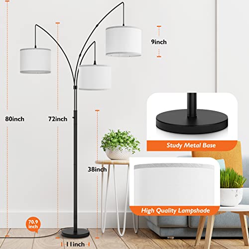 3 Lights Arc Floor Lamps For Living Room,Modern Tall Standing Lamp Hanging Over The Couch With Shades & Heavy Base,Mid Century Black Tree Floor Lamp For Bedroom Office #TOP2