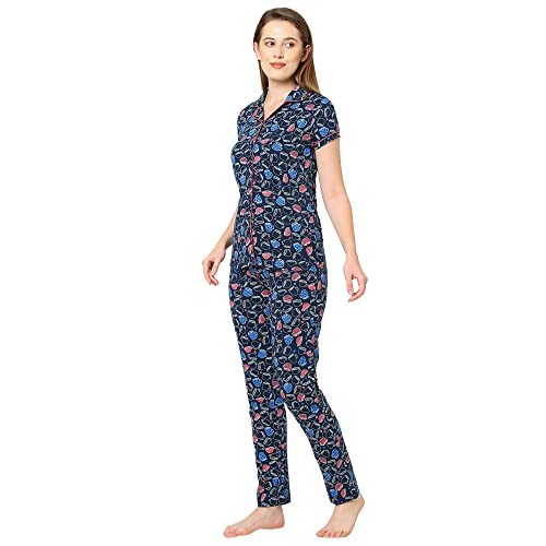 Image of Sweet Dreams Women Half Sleeve Cotton Printed Front Open Navy Night Suit Set