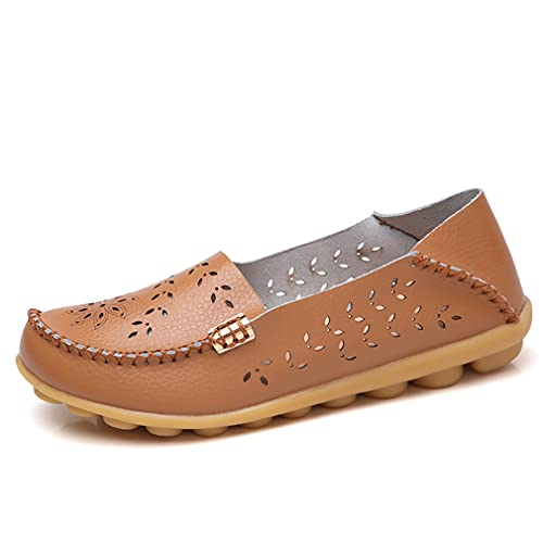 WERWAES Ladies Loafers Leather Shoe Covers Wear Comfortable Flat Shoes Casual Round Toe Moccasin Shoes Versatile Breathable Nurse Driving Fashion Soft Shoes Light Brown