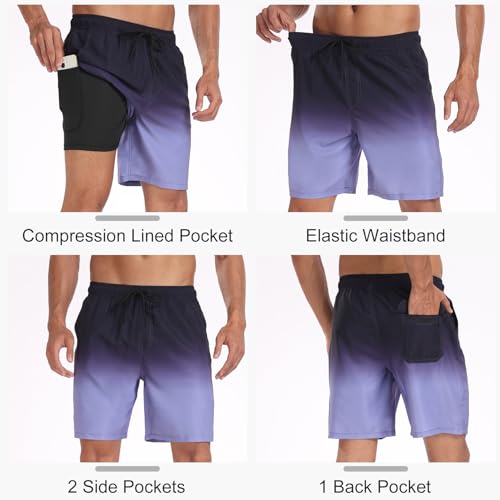 Image of Mens Swim Trunks with Compression Liner 2 in 1 Quick Dry Swimming Shorts Swimwear Bathing Suits with Pockets