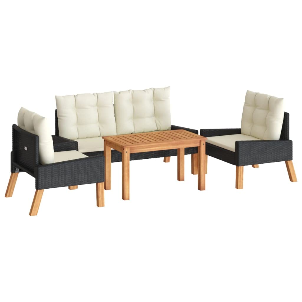 Juego de 4 sillas de jardín de ratán sintético y madera de acacia maciza, con mesa, 2 sillones y banco para terraza y balcón, incluye cojines