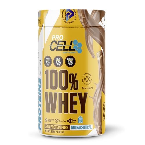 ProCell Proteína Whey 900g 100% Proteína de Suero Concentrada (Chococao) Con BCAA y Glutamina, Sin Gluten, Sin Lactosa y Bajo en Azúcares (30 Servicios)