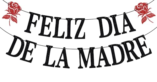 Black Glitter Feliz Dia De La Madre Banner, Feliz Dia Mama/Happy Mother's Day, Spanish Mother's Day Party Decorations Supplies