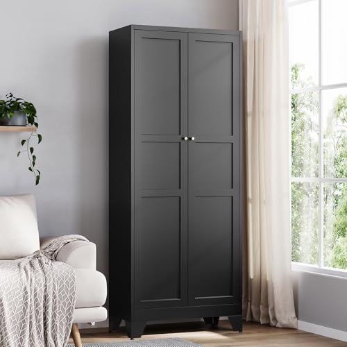 Image of Yizosh Metal Pantry Cabinet, 75 inch Kitchen Pantry with 2 Door and 4 Adjustable Shelves,Black Metal Pantry Storage Cabinet,Cupboard for Kitchen,Dining Room,Living Room and Bathroom