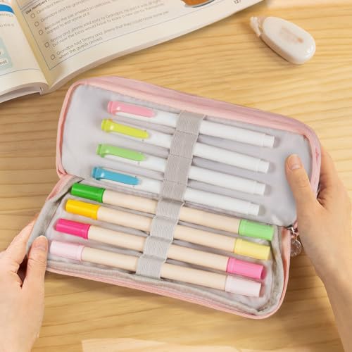 Image of MAMUNU Large Capacity Pencil Case, 3 Compartments Canvas Pencil Pouch with Zipper, Aesthetic Pencil Bag Pen Pouch for School Office Students Teen Girls Boys, Pink