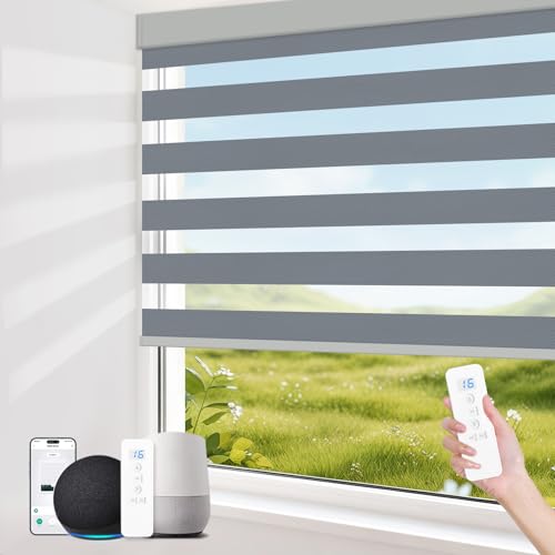 Image of Motorized Blinds with Remote Control 95% Blackout Electric Zebra Blinds for Windows Compatible with Alexa Google for Home Office Dark Grey, Custom Sizes