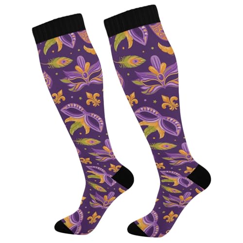 Dussdil Carnival Masks Purple Fleur De Lis Mardi Gras Compression Socks for Women Men Christmas Circulation Long Knee Socks for Winter Warm Stockings Socks