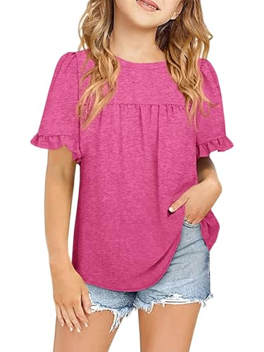 Image of Ebifin Girls Short Sleeve Tops Kids Peplum Babydoll T Shirts Tees 4-15Y | Girls T-Shirts, Crew neck Short Sleeve Shirts, Casual Tunic Tops, Cute Blouses, Summer Tees, Ruffle Hem, Loose fit
