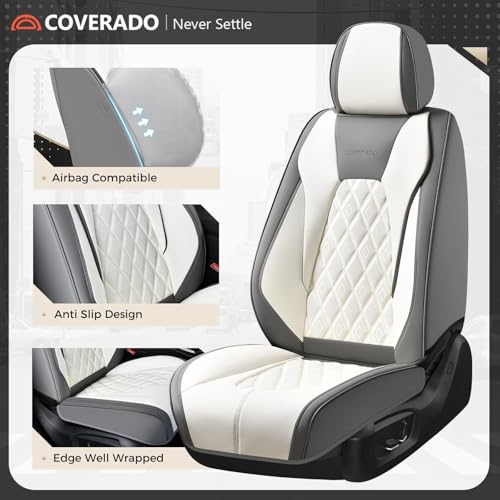 Image of Coverado Automotive Seat Covers, Waterproof Seat Covers for Cars, Car Seat Cover, Faux Leather Car Seat Covers 2 Pack Car Seat Cushion Protector Universal Fit for Most Cars SUV Trucks - Gray&White