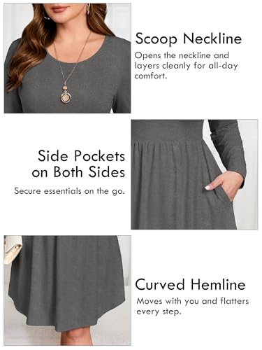Image of AusLook Women's Plus Size Long Sleeve Midi Dress Casual Empire Waist Loose Flowy Dresses A-Line Boho Long Dress with Pockets