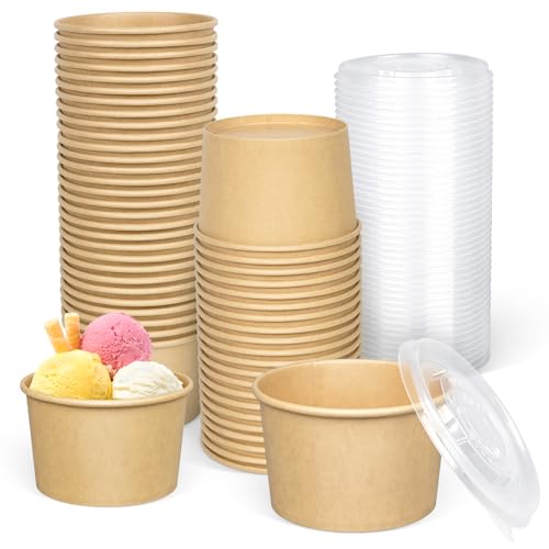 Image of ESSENTIAL 50 Pcs 16oz Paper Ice Cream Cups with Lids | Disposable Soup Bowls with Lids for Hot or Cold Food, Paper Snack Containers for Sundae, Frozen Yogurt, Soup (Brown)