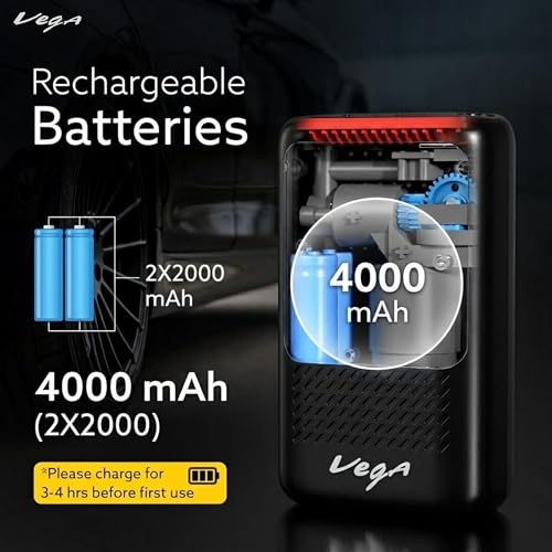 Image of Vega Portable Cordless Digital Tyre Inflator for Car, Bike, Sports Balls & Inflatables | 150 PSI Air Compressor | 4000mAh Battery | LED Flashlight, Power Bank, Rechargeable Type-C, SOS Signal | Black