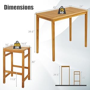 Tangkula 5 Piece Outdoor Acacia Wood Bar Table Set, 45" Rectangular High Top Table with 4 Saddle Seat Bar Height Stools, Space-Saving Patio Dining Set for 4, for Deck, Garden and Porch Tangkula 5 Piece Outdoor Acacia Wood Bar Table Set 45 Rectangular High Top Table with 4 Saddle Seat Bar Height Stools Space Saving Patio Dining Set for 4 for Deck Garden and Porch