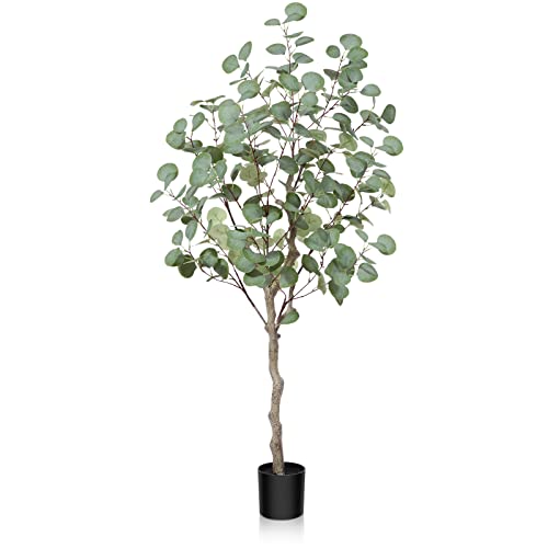 SOGUYI 120cm Artificial Eucalyptus Tree, Fake Eucalyptus Tree with Green Silver Dollar Leaves, Silk Faux Eucalyptus Tree with Plastic Nursery Pot, Artificial Plants for Home Office Indoor Decor,1 Pack