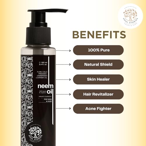 Image of Soul Stories Neem Oil 100ml | 100% Pure Cold Pressed Neem Oil for Hair & Scalp Care | Helps Control Dandruff, Reduce Acne Marks & Soothe Acne-Prone Skin | Lightweight Carrier Oil