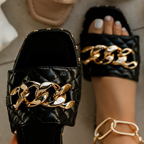 FSJ Women Sexy Square Open Toe Comfortable Flat Thick Sole Cushion Sandals Fashion Gold Chain Style Slip On Slides Studded Daily Ladies Summer Shoes Size 4-15 US4