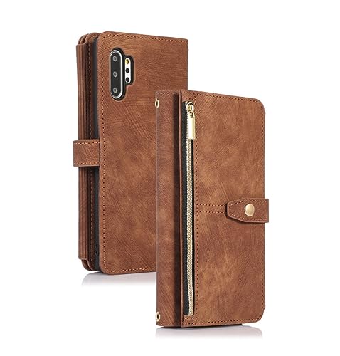 Étui en cuir pour Samsung S10 avec cordon long et portefeuille zippé marron
