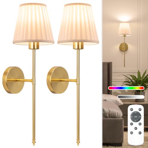 Image of NIORSUN Battery Operated Wall Sconce Set of 2,Beige-Gold Rechargeable Wall Lights with 10400mAh Dimmable Bulbs and Remote, 9 Colors Wireless Wall Lamps for Bedroom Living Room Hallway
