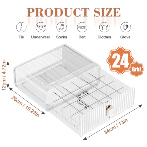 Sock-Underwear-Drawer-Organizer-24-Compartment-Clear-Acrylic-Storage-Bins-with-Removable-Dividers-for-Closet-Stackable-Dresser-Drawer-Box-for-No-Mess-Socks-Tiers-Baby-Clothes-Belt-Tea-Bag