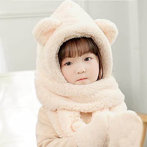 Winter Faux Fur Hood Hat Scarf and Gloves for Kids, 3 in 1 Lamb Wool Hooded Scarf for Girls and Boys 1-7 Years Old3