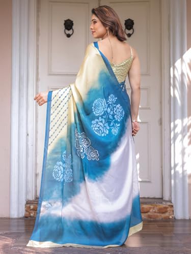 Image of ALMAARI FASHION Women's Floral Printed Georgette Satin Saree with Unstitched Blouse Piece | Traditional Ethnic Wear Sarees | Soft Lightweight Ethnic Office Wear Daily Wear Indian Sari (SG 181-190 F)