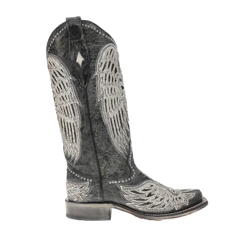 CORRAL LADIE'S BLACK CROSS & WINGS OVERLAY & EMBROIDERY & STUDS SQ. TOE, LEATHER SOLE, WESTERN A4243