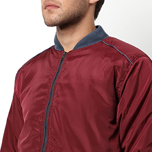Image of Campus Sutra Men's Maroon Solid Puffer Regular Fit Bomber Jacket For Winter Wear | Low-Cut Standing Collar | Full Sleeve | Zipper | Casual Jacket For Man | Western Stylish Jacket For Men