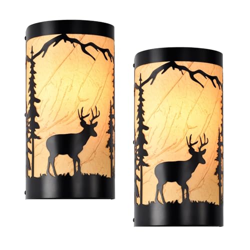 Image of Wall Sconces Set of Two,Deer Metal Yellow Parchment Rustic Wall Sconces,Farmhouse Matte Black Wall Mount Lamp,Bedroom Wall Lights,Indoor Wall Lamps for Living Room,Hallway(Hardwired Only)