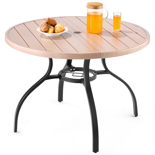 VEVOR Table à Manger pour Patio extérieur 1035 mm, Table de bistrot Ronde en Acier Imitation Bois pour 4 Personnes, Trou pour Parasol de 38 mm, Grand Meuble...